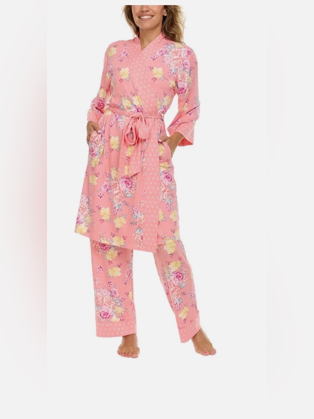 Flora Nikrooz Coral Pink Floral Robe, Tank & Pant Sleep Set - Picture 7 of 9